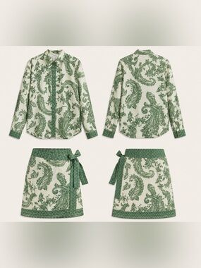 Commense Green Paisley Print Skirt/Shirt Set